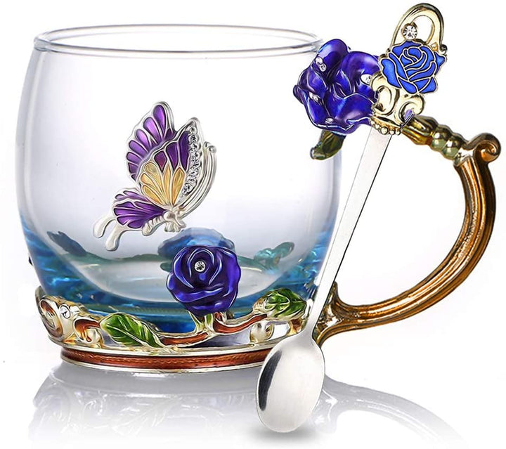Lisslune | Enamel Rose Glass Tea Cup Set (With Spoon)