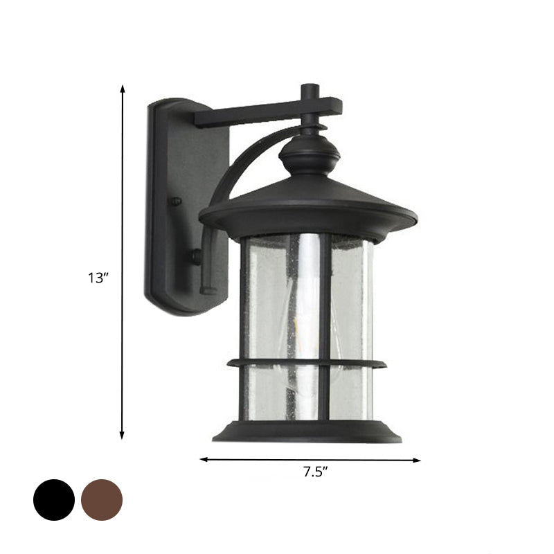 Skørter | Clear Seeded Glass Cylinder Wall Lamp Lodges 1-Bulb Outdoor Wall Mounted Lamp in Black/Brown for Garden