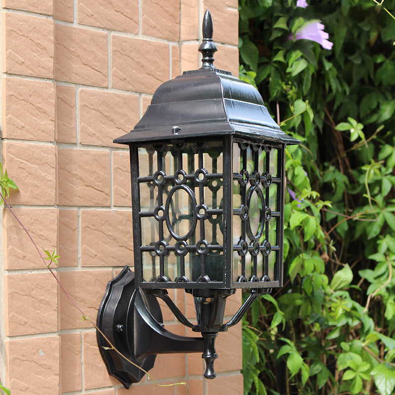 Skørter | Metallic Grid Wall Light Country 1 Bulb Courtyard Wall Lamp in Rust with Cubic Clear Glass Shade
