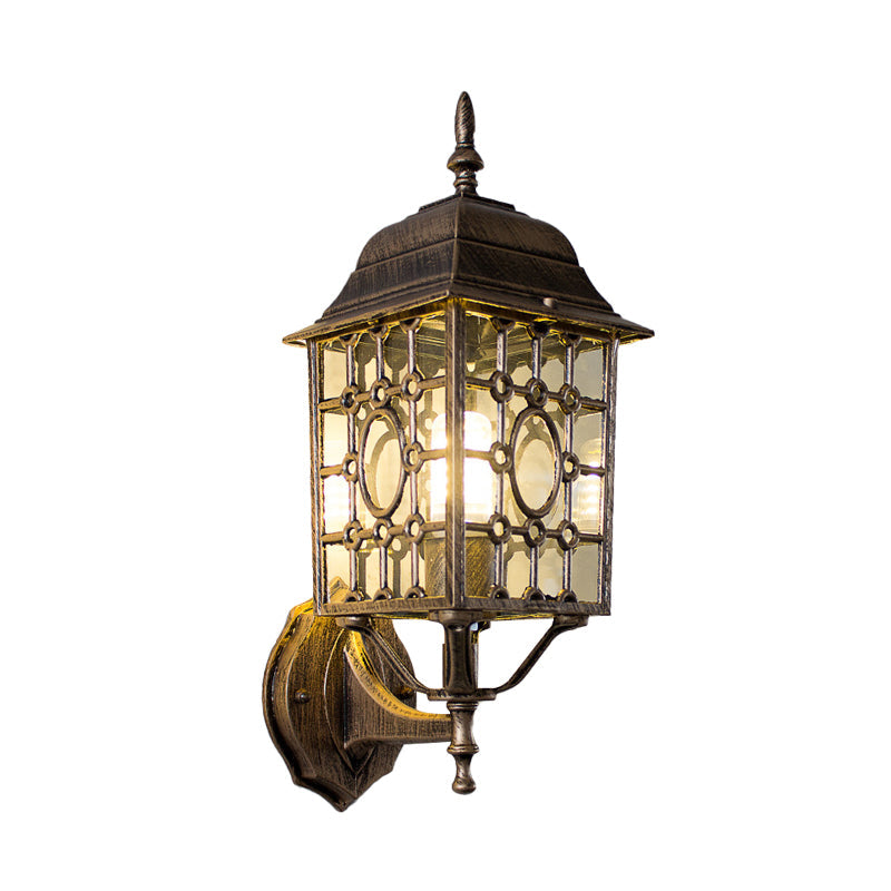 Skørter | Metallic Grid Wall Light Country 1 Bulb Courtyard Wall Lamp in Rust with Cubic Clear Glass Shade