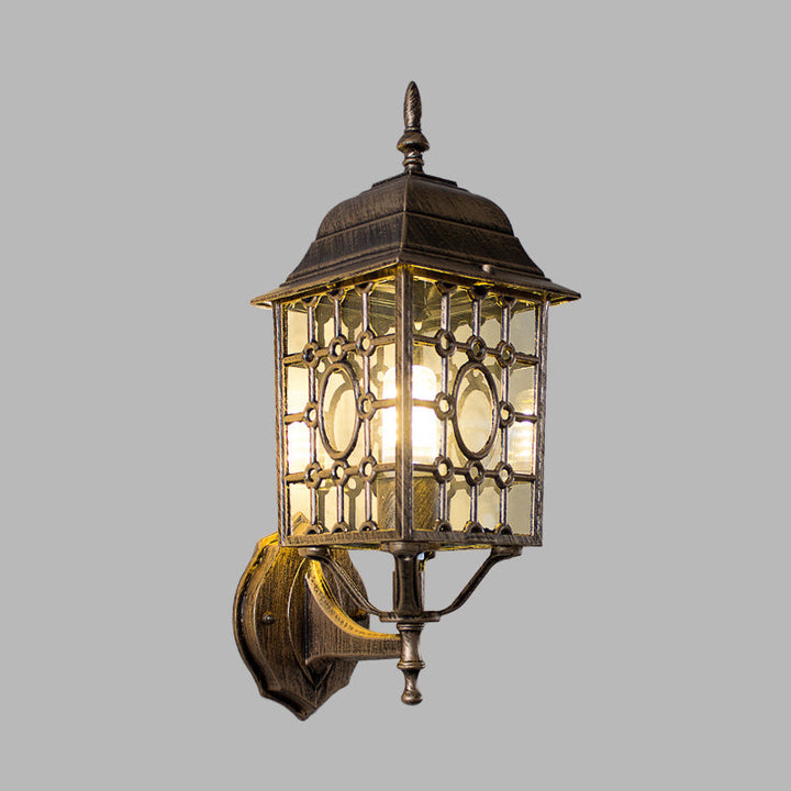 Skørter | Metallic Grid Wall Light Country 1 Bulb Courtyard Wall Lamp in Rust with Cubic Clear Glass Shade