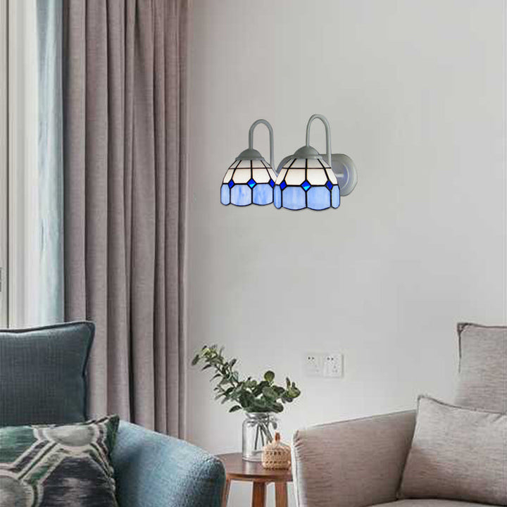 Lisslune | Checkered Pattern Wall Lamp Baroque Blue/Orange Glass 2 Heads White Wall Lighting