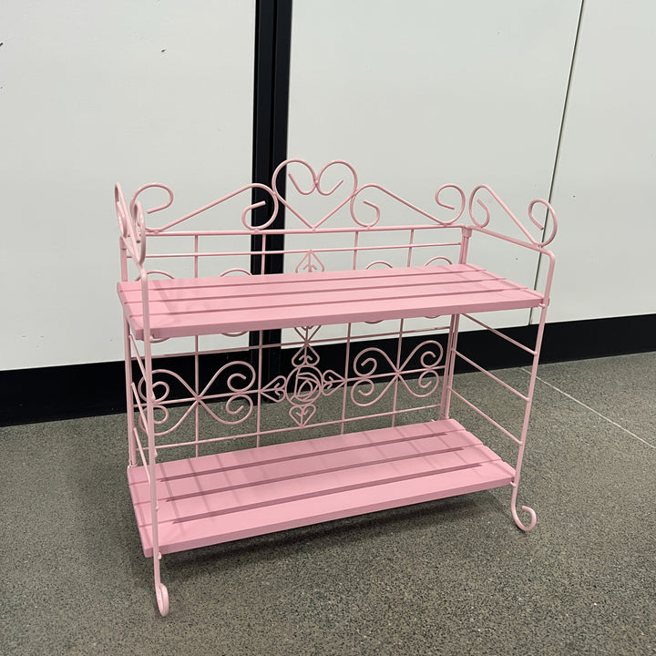 Lisslune | 1pc Pink 2-Tier Klappbarer Metall- und Holzlagerregal – Eleganter Thekenorganizer für Schlafzimmer, Küche, Bad, Wohnzimmer oder Gartendekor, Wohnzimmerlagerung, Nutzregale