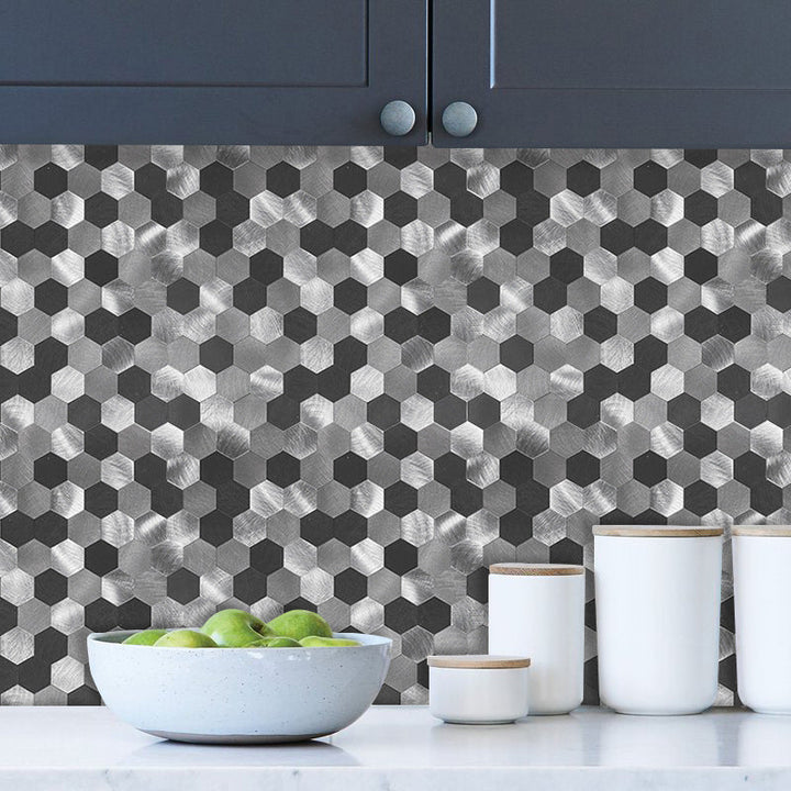 Lisslune | Hexagonal Mosaic Tiles Metal Peel and Stick Tiles for Kitchen and Bathroom, 11.8" x 11.8"