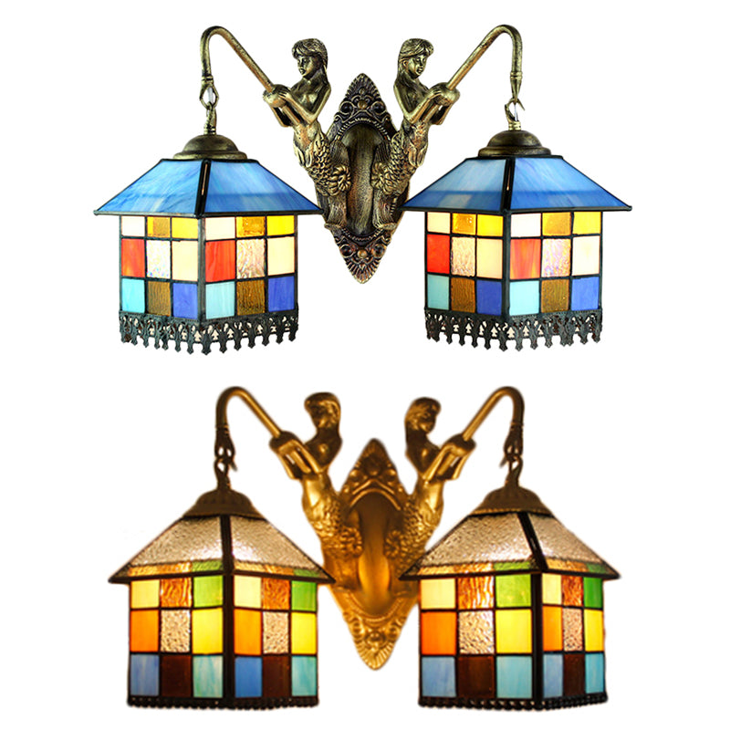 Lisslune | House Wall Light-Tiffany Multicolor Stained Glass 2 Heads Clear/Blue Wall Lamp