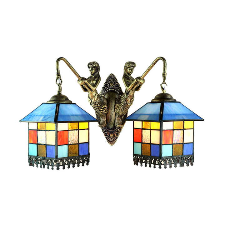 Lisslune | House Wall Light-Tiffany Multicolor Stained Glass 2 Heads Clear/Blue Wall Lamp