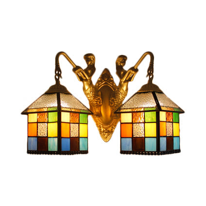 Lisslune | House Wall Light-Tiffany Multicolor Stained Glass 2 Heads Clear/Blue Wall Lamp