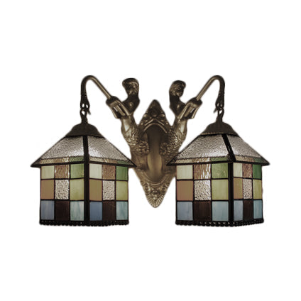 Lisslune | House Wall Light-Tiffany Multicolor Stained Glass 2 Heads Clear/Blue Wall Lamp