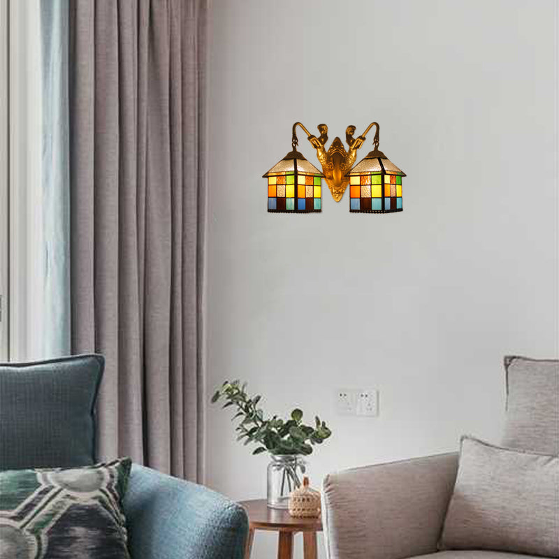 Lisslune | House Wall Light-Tiffany Multicolor Stained Glass 2 Heads Clear/Blue Wall Lamp