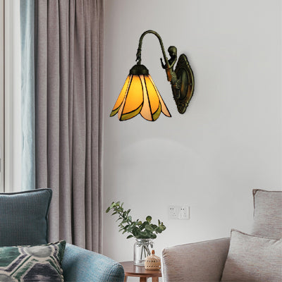 Lisslune | 1 Head Petal Wall-mounted Light Tiffany Yellow/Blue-White Glass Wall Lamp With Siren Backplate