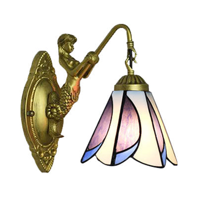 Lisslune | 1 Head Petal Wall-mounted Light Tiffany Yellow/Blue-White Glass Wall Lamp With Siren Backplate