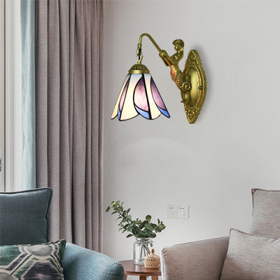 Lisslune | 1 Head Petal Wall-mounted Light Tiffany Yellow/Blue-White Glass Wall Lamp With Siren Backplate