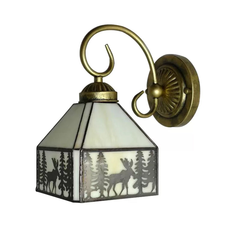 Lisslune | Lodge Stained Glass Wall Lighting with Curved Arm Single Light Mini Wall Mount Light