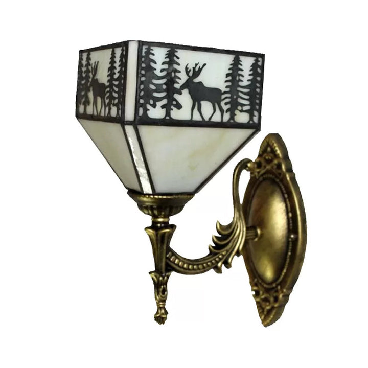 Lisslune | Lodge Stained Glass Wall Lighting with Curved Arm Single Light Mini Wall Mount Light