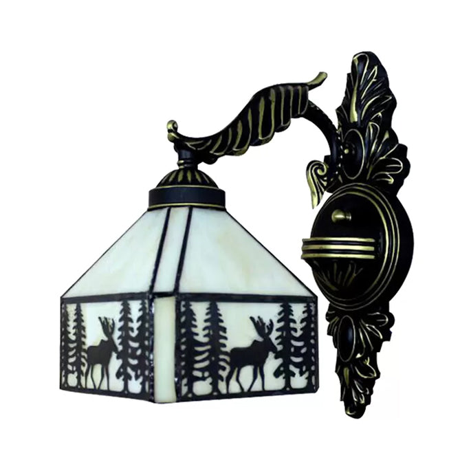 Lisslune | Lodge Stained Glass Wall Lighting with Curved Arm Single Light Mini Wall Mount Light