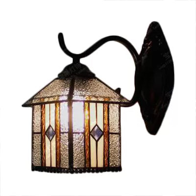 Lisslune | Lodge Stained Glass Wall Lighting with Curved Arm Single Light Mini Wall Mount Light