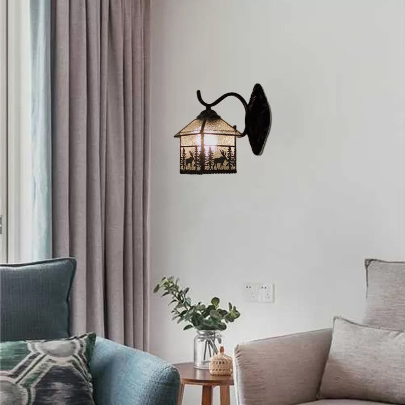 Lisslune | Lodge Stained Glass Wall Lighting with Curved Arm Single Light Mini Wall Mount Light