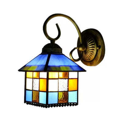 Lisslune | Lodge Stained Glass Wall Lighting with Curved Arm Single Light Mini Wall Mount Light