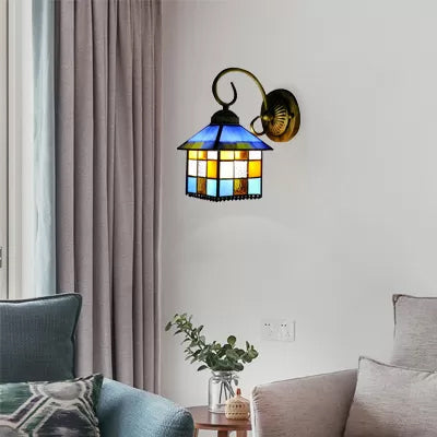 Lisslune | Lodge Stained Glass Wall Lighting with Curved Arm Single Light Mini Wall Mount Light