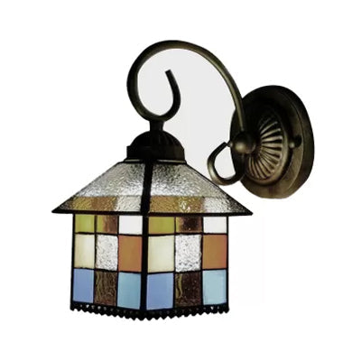 Lisslune | Lodge Stained Glass Wall Lighting with Curved Arm Single Light Mini Wall Mount Light