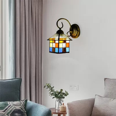Lisslune | Lodge Stained Glass Wall Lighting with Curved Arm Single Light Mini Wall Mount Light