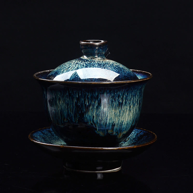 Lisslune | Vintage Kiln Ceramic Gaiwan Sancai Tea Cup Tea Cup and Saucer with Lid