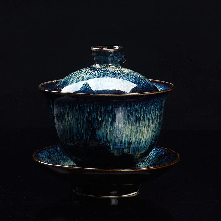 Lisslune | Vintage Kiln Ceramic Gaiwan Sancai Tea Cup Tea Cup and Saucer with Lid
