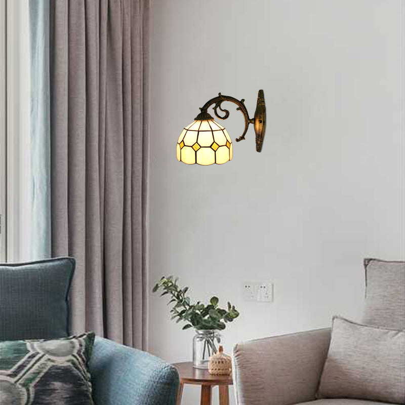 Lisslune | Curved Arm Wall Lamp with Bowl Yellow Glass Shade 1 Light Tiffany Wall Lighting