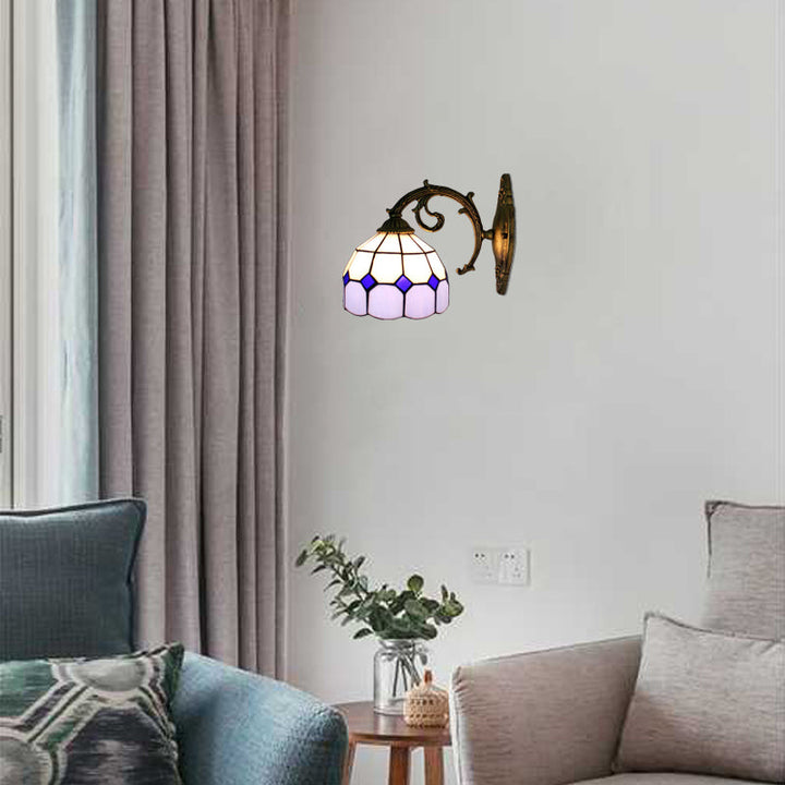Lisslune | Curved Arm Wall Lamp with Bowl Yellow Glass Shade 1 Light Tiffany Wall Lighting