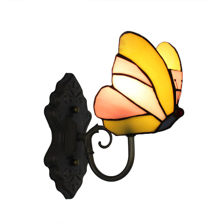 Lisslune | Stained Glass Butterfly Wall Lamp 1 Light Home Art Deco Wall Lighting in Yellow and Pink/Blue for Bedroom