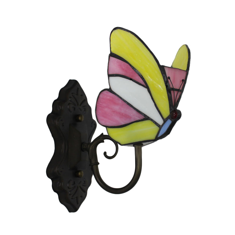 Lisslune | Stained Glass Butterfly Wall Lamp 1 Light Home Art Deco Wall Lighting in Yellow and Pink/Blue for Bedroom