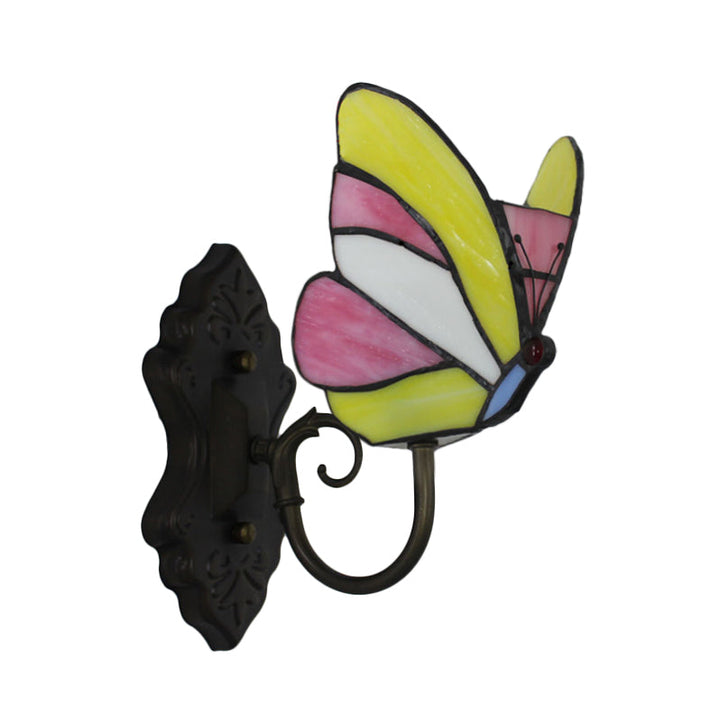 Lisslune | Stained Glass Butterfly Wall Lamp 1 Light Home Art Deco Wall Lighting in Yellow and Pink/Blue for Bedroom