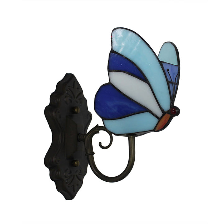 Lisslune | Stained Glass Butterfly Wall Lamp 1 Light Home Art Deco Wall Lighting in Yellow and Pink/Blue for Bedroom