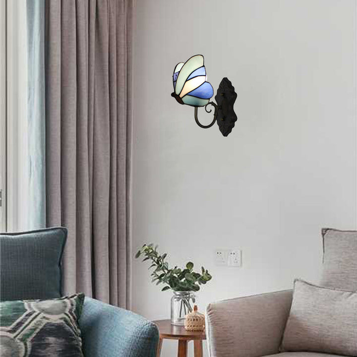 Lisslune | Stained Glass Butterfly Wall Lamp 1 Light Home Art Deco Wall Lighting in Yellow and Pink/Blue for Bedroom