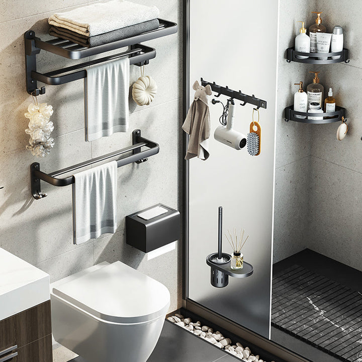 Lisslune | Contemporary bathroom accessory set with black finish and bath shelf/towel bar
