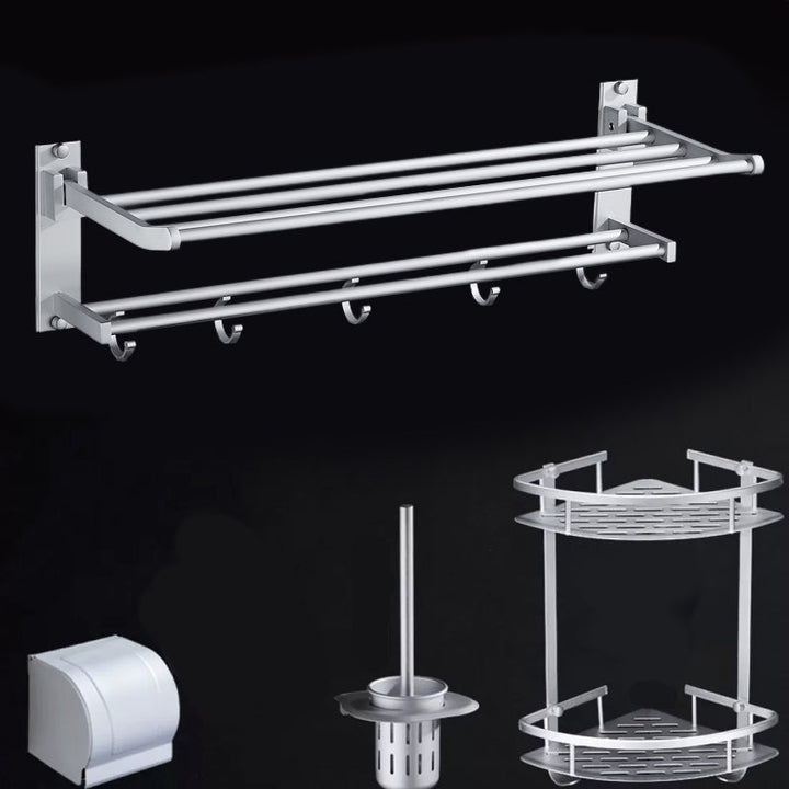 Lisslune | Silver Modern Bathroom Accessory Set with Bath Shelf/Towel Holder & Bathrobe Hook