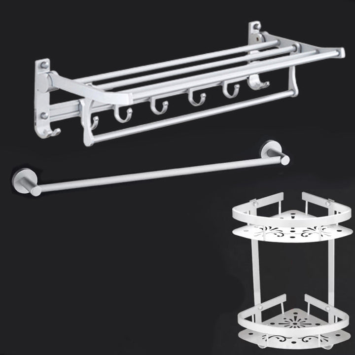 Lisslune | Silver Modern Bathroom Accessory Set with Bath Shelf/Towel Holder & Bathrobe Hook