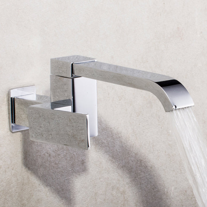 Lisslune | Contemporary Wall Mounted Bathroom Faucet Lever Handles Low Arc Swivel Brass Tap