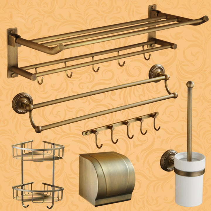 Lisslune | Worn Brass Traditional Bathroom Set with Bath Shelf/Paper Holder & Towel Bar