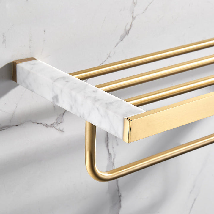 Lisslune | Brushed Brass Bathroom Accessory Set Metal & Marble Bathroom Hardware Set with Bathtub Shelf