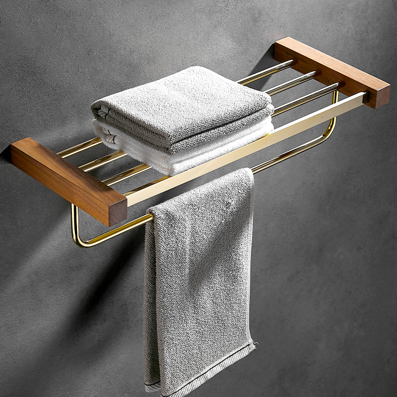 Lisslune | Polished Brass Bathroom Hardware Set Metal & Wood Bathroom Set with Bath Shelf/Towel Bar