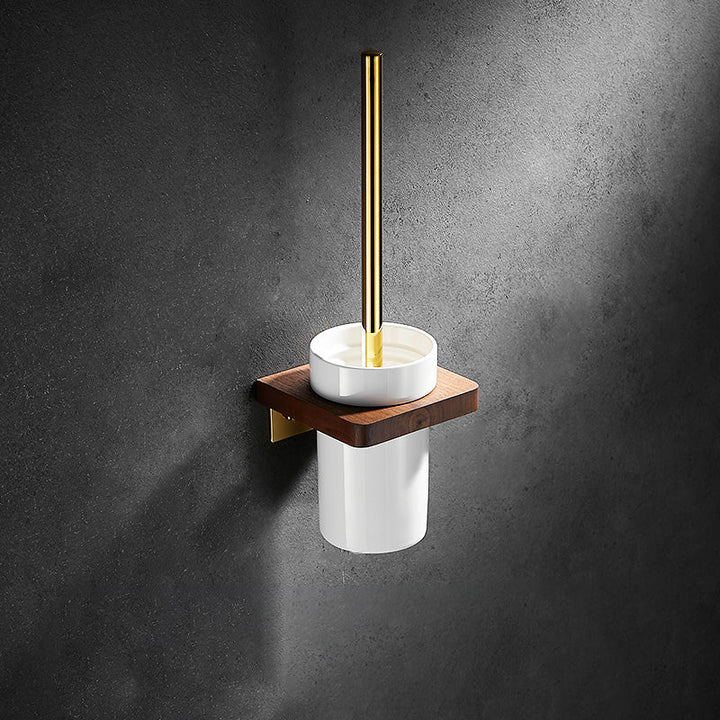 Lisslune | Polished Brass Bathroom Hardware Set Metal & Wood Bathroom Set with Bath Shelf/Towel Bar