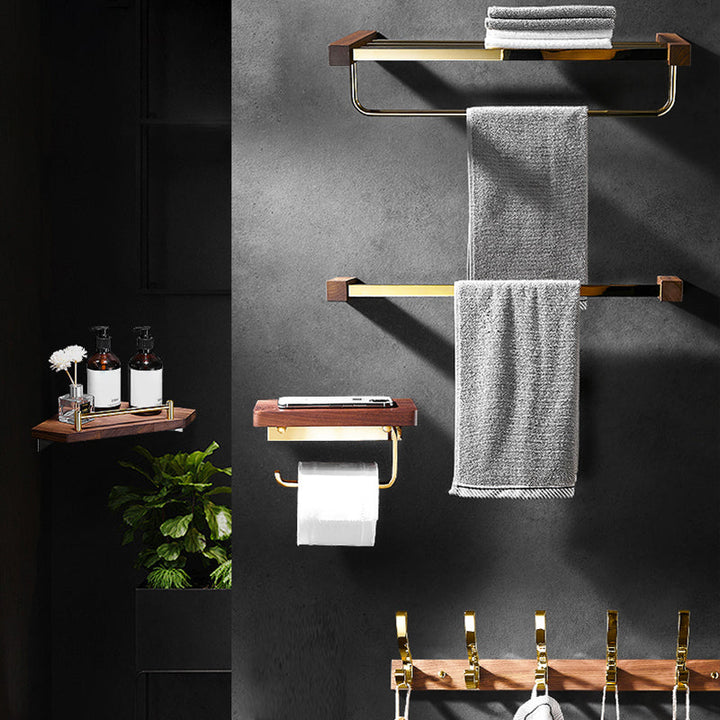 Lisslune | Polished Brass Bathroom Hardware Set Metal & Wood Bathroom Set with Bath Shelf/Towel Bar