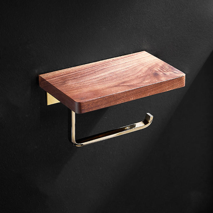 Lisslune | Polished Brass Bathroom Hardware Set Metal & Wood Bathroom Set with Bath Shelf/Towel Bar