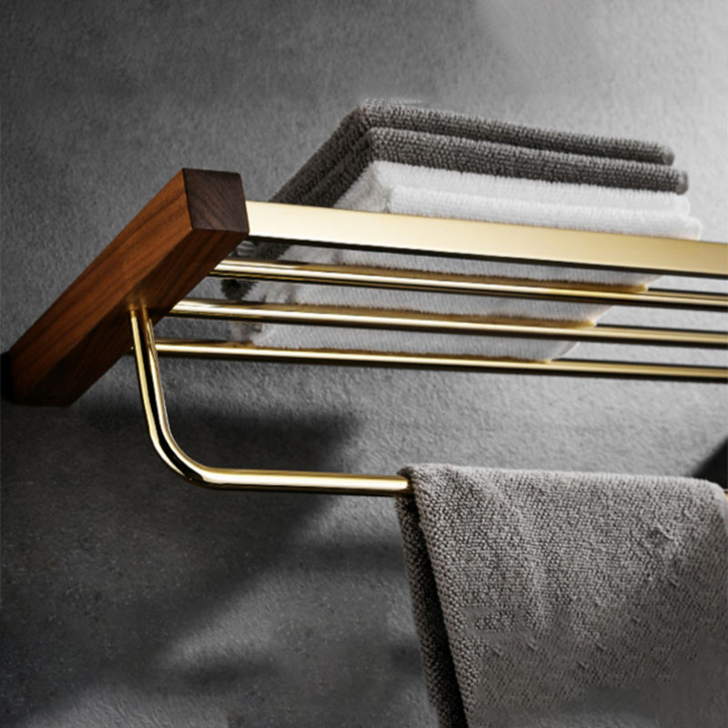Lisslune | Polished Brass Bathroom Hardware Set Metal & Wood Bathroom Set with Bath Shelf/Towel Bar