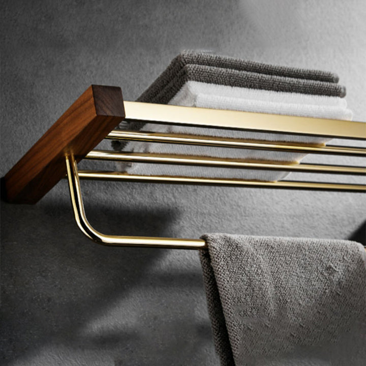 Lisslune | Polished Brass Bathroom Hardware Set Metal & Wood Bathroom Set with Bath Shelf/Towel Bar
