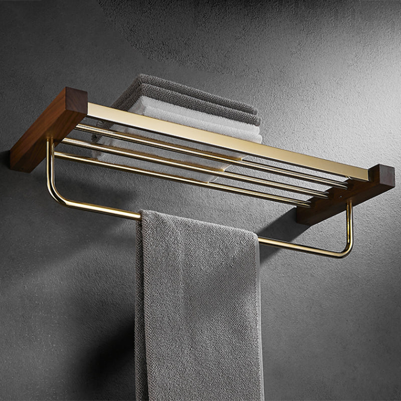 Lisslune | Polished Brass Bathroom Hardware Set Metal & Wood Bathroom Set with Bath Shelf/Towel Bar
