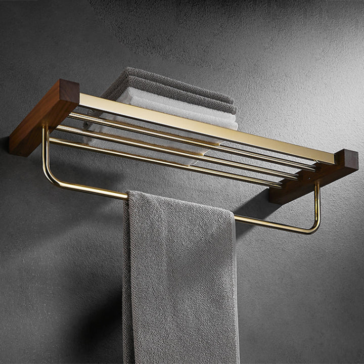 Lisslune | Polished Brass Bathroom Hardware Set Metal & Wood Bathroom Set with Bath Shelf/Towel Bar