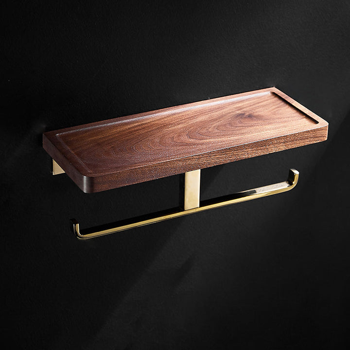 Lisslune | Polished Brass Bathroom Hardware Set Metal & Wood Bathroom Set with Bath Shelf/Towel Bar