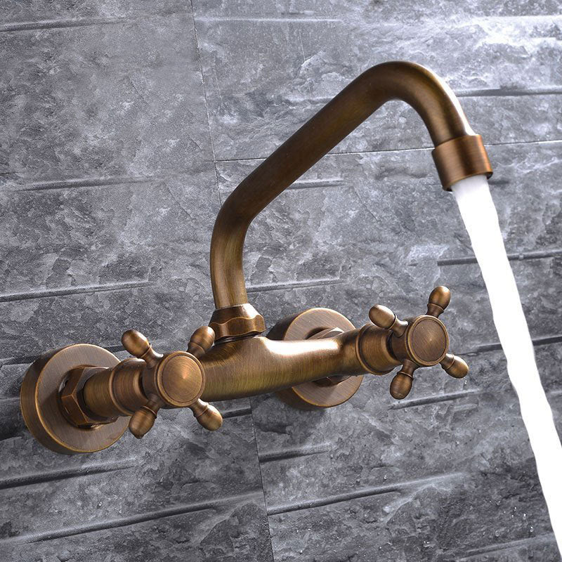 Lisslune | Industrial Bathtub Outlet Trim Wall Mounted Full Copper Dual Cross Handle Low Arc Bathtub Faucet